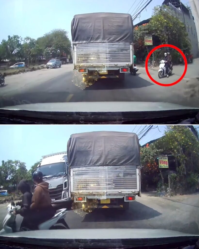 vjde0 ghi lại sự việc của 2 em gái đi xe máy sang đường